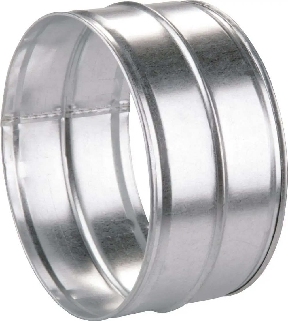 Runder Metallsteckverbinder in Silber, hergestellt von Bosch, mit zwei horizontalen Rillen. Eignet sich zur Verbindung von Lüftungssystemen.